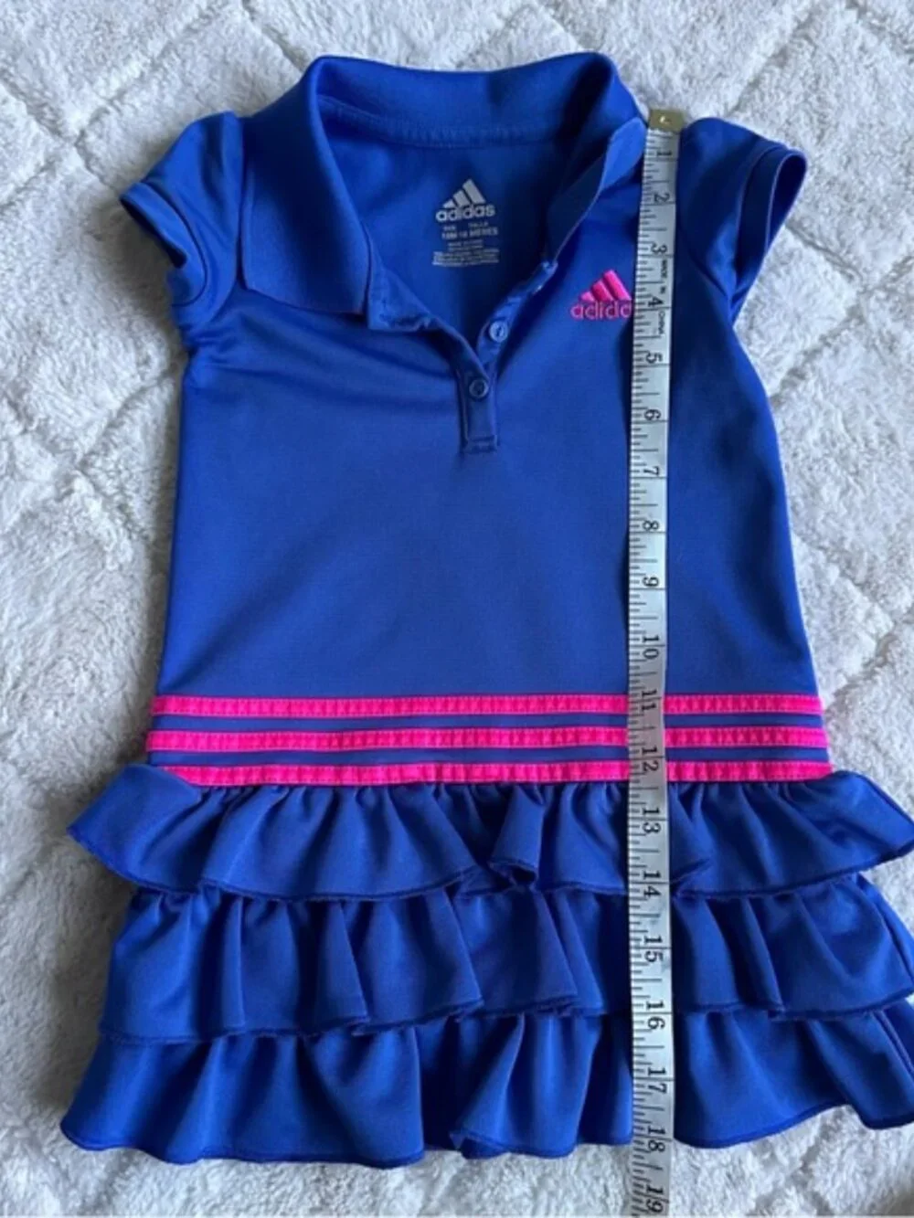 Adidas | Navy and Pink Pleated 3 Stripe Ruffle Polo Dress | Size 18 Months
